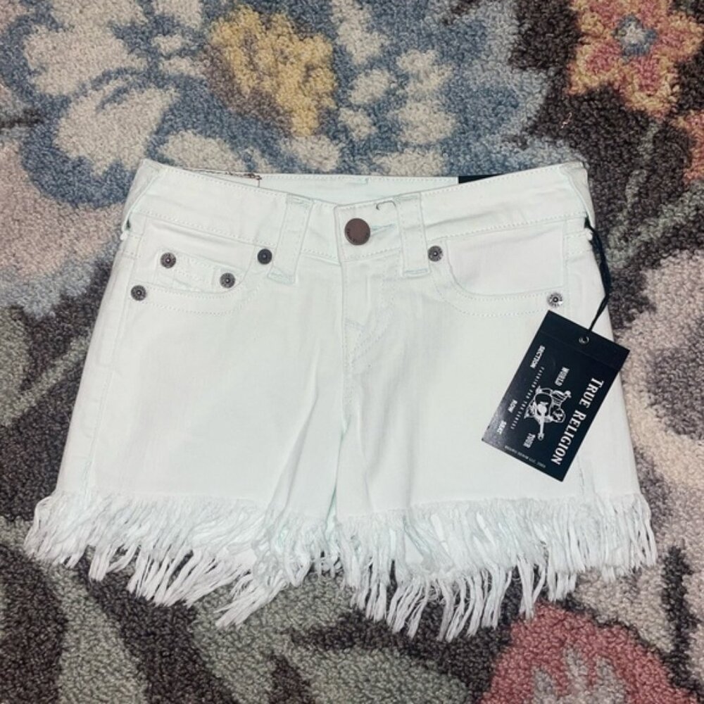 NWT TRUE RELIGION keira denim shorts washed out oasis blue size 23